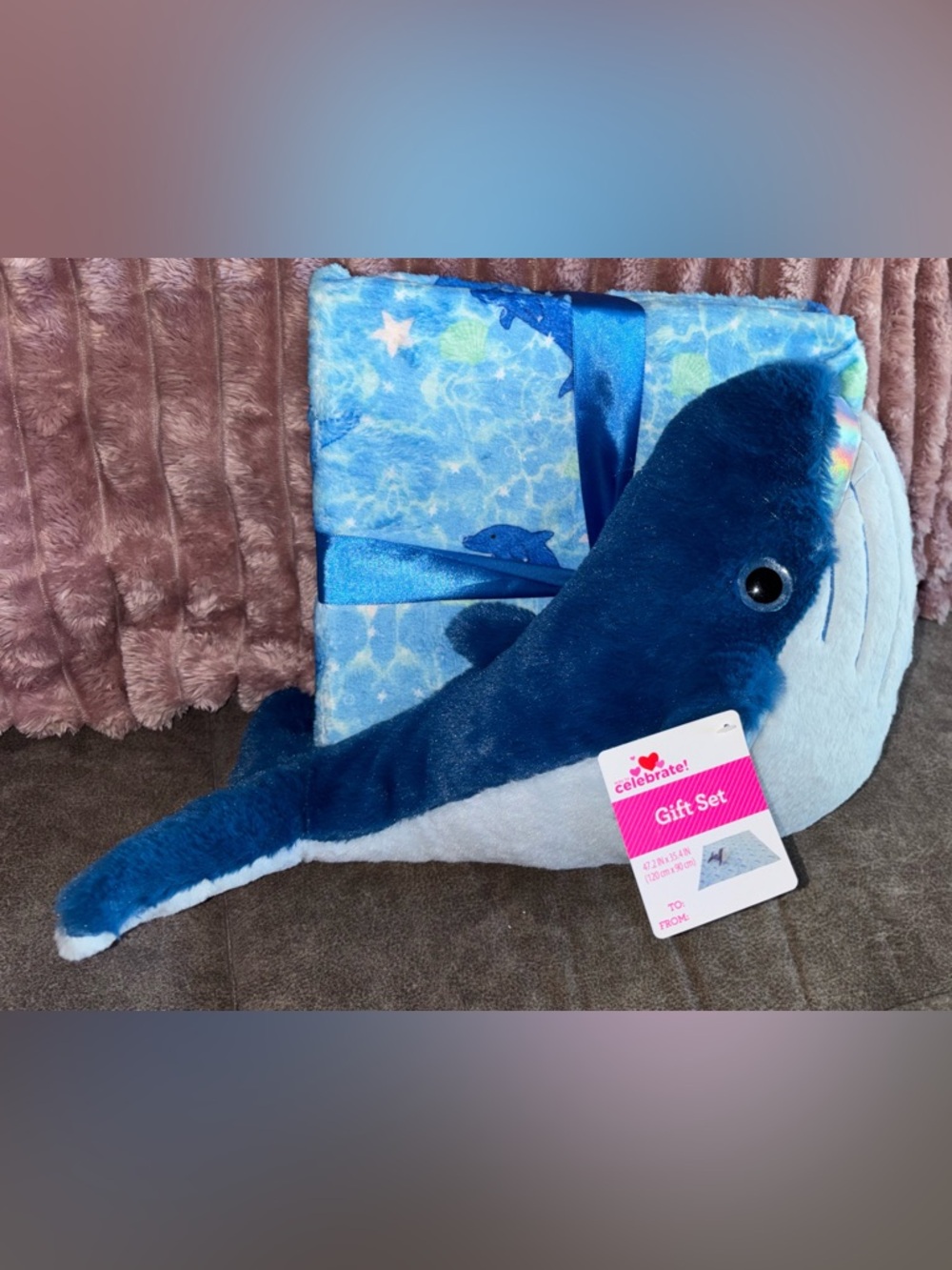 Plush Blue Whale Gift Set with Ocean Print Blanket